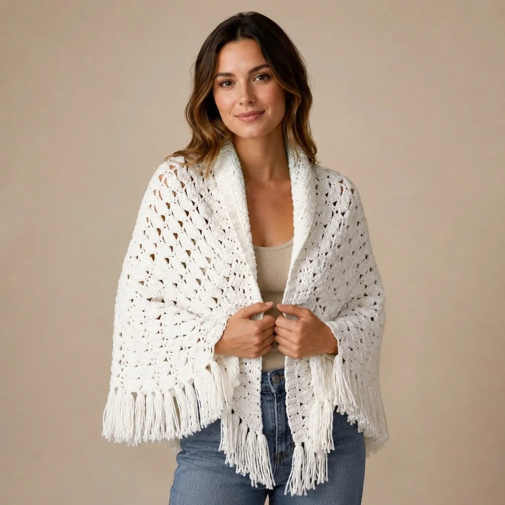 Vintage Handmade Ivory Crochet Shell Stitch Shawl Wrap Fringe Cape Poncho Boho